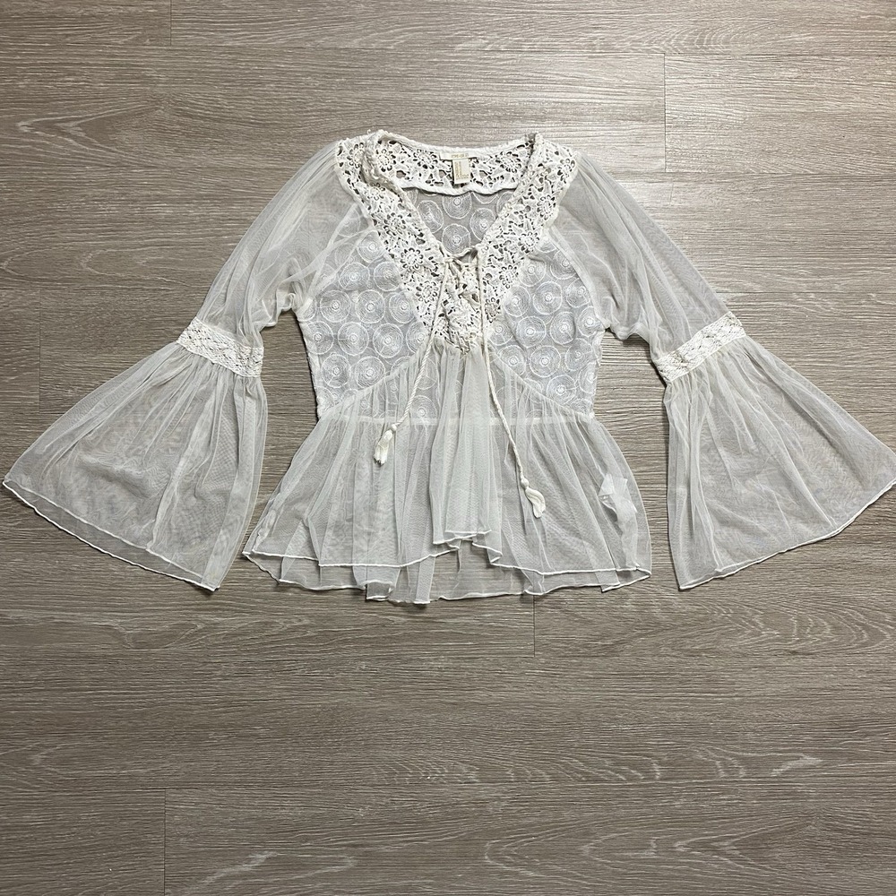Forever 21 Sheer Lace Blouse Women's M White Flare Sleeve Angel Core Fairy Core - Picture 2 of 8